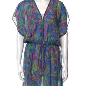 Designer Milly Printed Dress/Cover-up- cinched waist, Vneck, flowing cap sleeves
